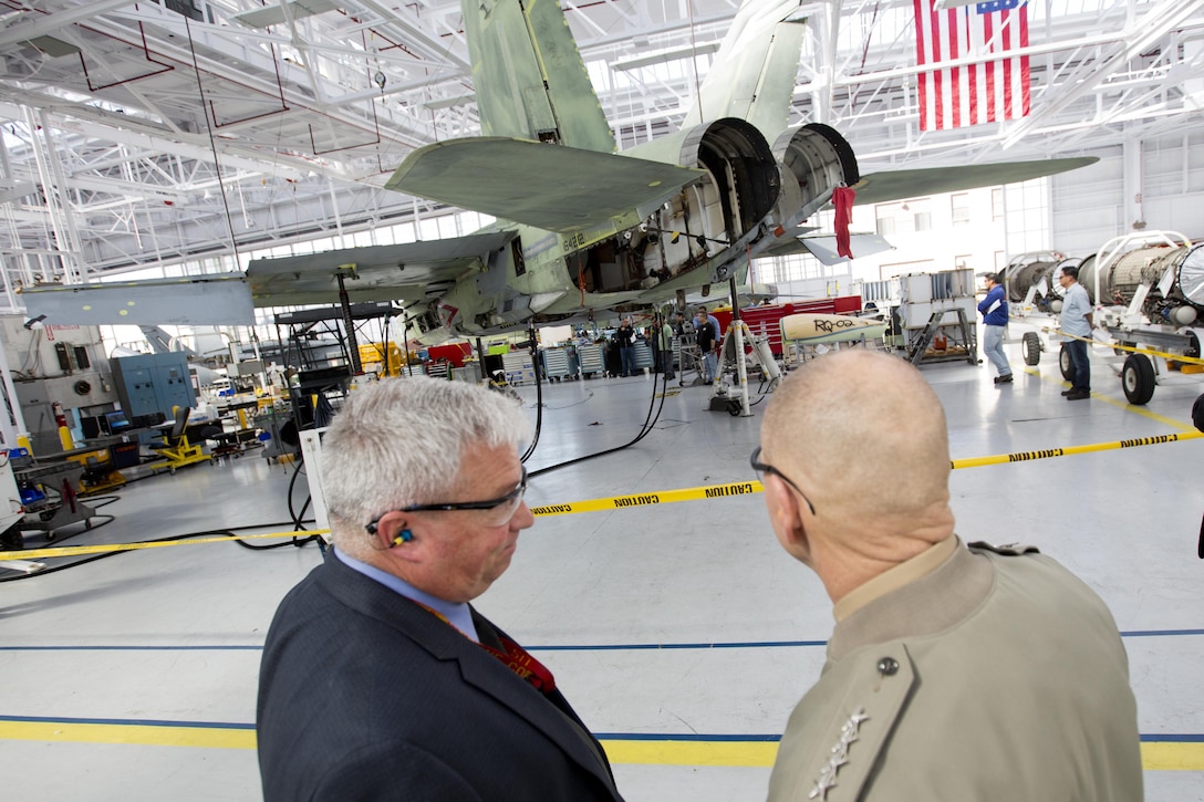 Commandant of the Marine Corps Gen. Robert B. Neller visits the Fleet Readiness Center Southwest at Naval Air Station North Island, Calif., Feb. 19, 2016. Neller toured the depot to observe the FA-18 maintenance repair process. (U.S. Marine Corps photo by Staff Sgt. Gabriela Garcia/Released)