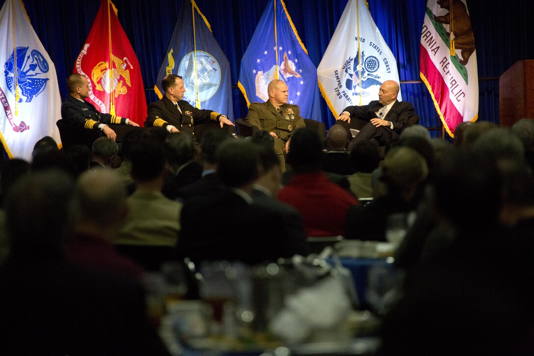From left, Vice Commandant of the Coast Guard Vice Adm. Charles D. Michel, Chief of Naval Operations Adm. John M. Richardson, and Commandant of the Marine Corps Gen. Robert B. Neller, listen to Retired U.S. Navy Adm. James G. Stavridis, right, dean of Fletcher School of Law and Diplomacy, Tufts University, during the WEST 2016 Conference at the San Diego Convention Center, Calif., Feb. 19, 2016. Michel, Richardson, and Neller attended WEST as the joint service chief speakers during the luncheon town hall. (U.S. Marine Corps photo by Staff Sgt. Gabriela Garcia/Released)