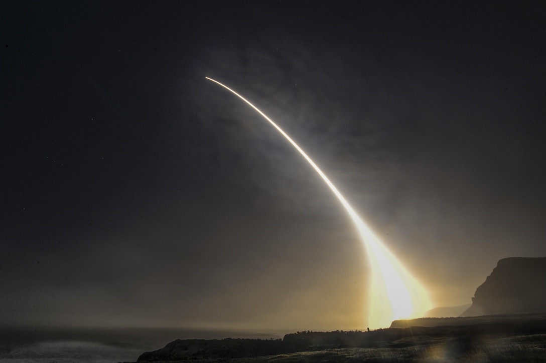 An unarmed Minuteman III intercontinental ballistic missile launches during an operational test on Vandenberg Air Force Base, Calif., Feb. 20, 2016,  Air Force photo by Michael Peterson