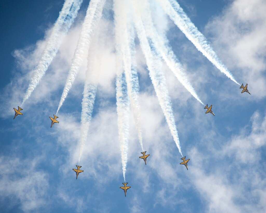 The Republic of Korea Air Force Black Eagles aerial demonstration team performs during the Singapore International Airshow, at Changi International Airport, Singapore, Feb. 21, 2016. The show is focused on building strong relations between Singapore, U.S. and the international community. (U.S. Air Force photo by Capt. Raymond Geoffroy/Released)