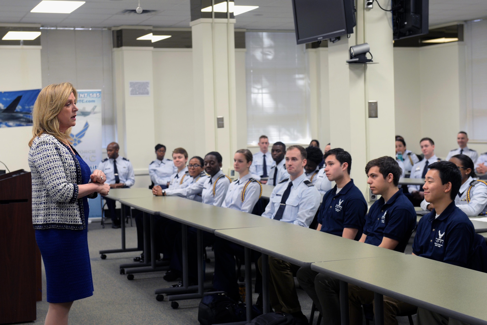 The Honorable Deborah Lee James, Secretary of the Air Force, imparts her knowledge to Reserve Officer Training Corps cadets during a question and answer session, Feb. 19, 2016, at Duke University in Durham, North Carolina. James shared stories throughout her career and gave advice to tomorrow’s leaders. (U.S. Air Force photo/Airman 1st Class Ashley Williamson)
