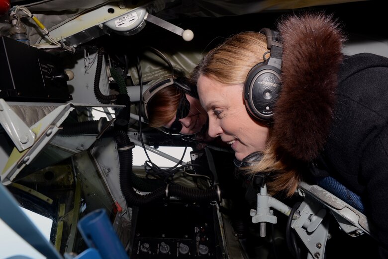 The Honorable Deborah Lee James, Secretary of the Air Force, receives hands-on guidance from Senior Airman Sonya Alexander, 77th Air Refueling Squadron boom operator, about the refueling mission associated with the monthly exercise Razor Talon, Feb. 18, 2016, at Seymour Johnson Air Force Base, North Carolina. James witnessed how Razor Talon provides wartime readiness for Seymour Johnson AFB and surrounding military installations. (U.S. Air Force photo/Airman 1st Class Ashley Williamson)