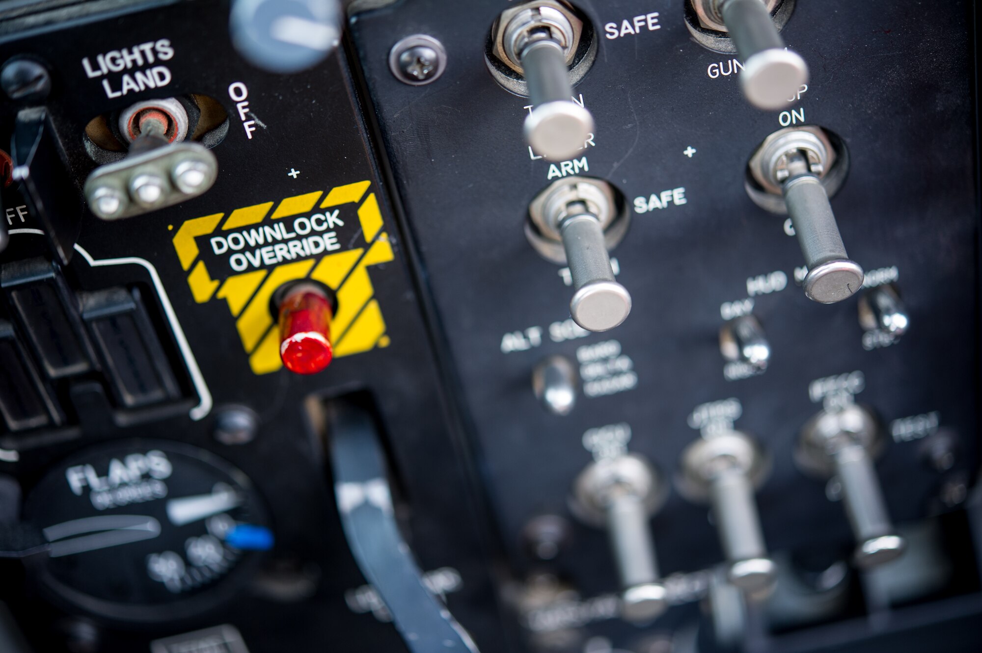 The interior control panel of an A-10 Thunderbolt II sits unused shortly before takeoff at March Air Reserve Base, Calif., Feb. 1, 2016. The 354th Fighter Squadron out of Davis-Monthan Air Force Base, Ariz., is providing close air support for Integrated Training Exercise 2-16 at Marine Corp Air Ground Combat Center, Twentynine Palms. MCAGCC conducts relevant live-fire combined arms, urban operations, and joint/coalition level integration training that promote operational forces' readiness. (U.S. Air Force photo by Senior Airman Steven/Released)