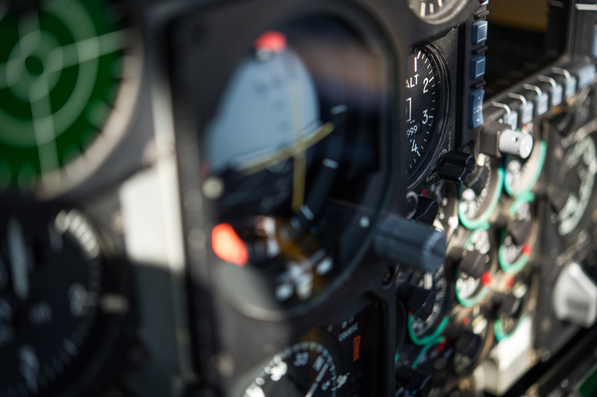 The interior control panel of an A-10 Thunderbolt II sits unused shortly before takeoff at March Air Reserve Base, Calif., Feb. 1, 2016. The 354th Fighter Squadron out of Davis-Monthan Air Force Base, Ariz., is providing close air support for Integrated Training Exercise 2-16 at Marine Corp Air Ground Combat Center, Twentynine Palms. MCAGCC conducts relevant live-fire combined arms, urban operations, and joint/coalition level integration training that promote operational forces' readiness. (U.S. Air Force photo by Senior Airman Steven/Released)