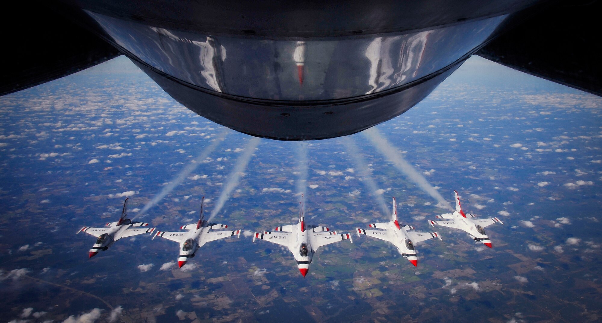 The U.S. Air Force Thunderbirds fly the Delta formation over Louisiana Feb. 19, 2016. The Thunderbirds were refueled twice by a KC-135 Stratotanker from MacDill Air Force Base, Fla., once over New Mexico and a second time over Louisiana on their way to Daytona Beach, Fla., for their Daytona 500 flyover. (U.S. Air Force photo by Senior Airman Ned T. Johnston)