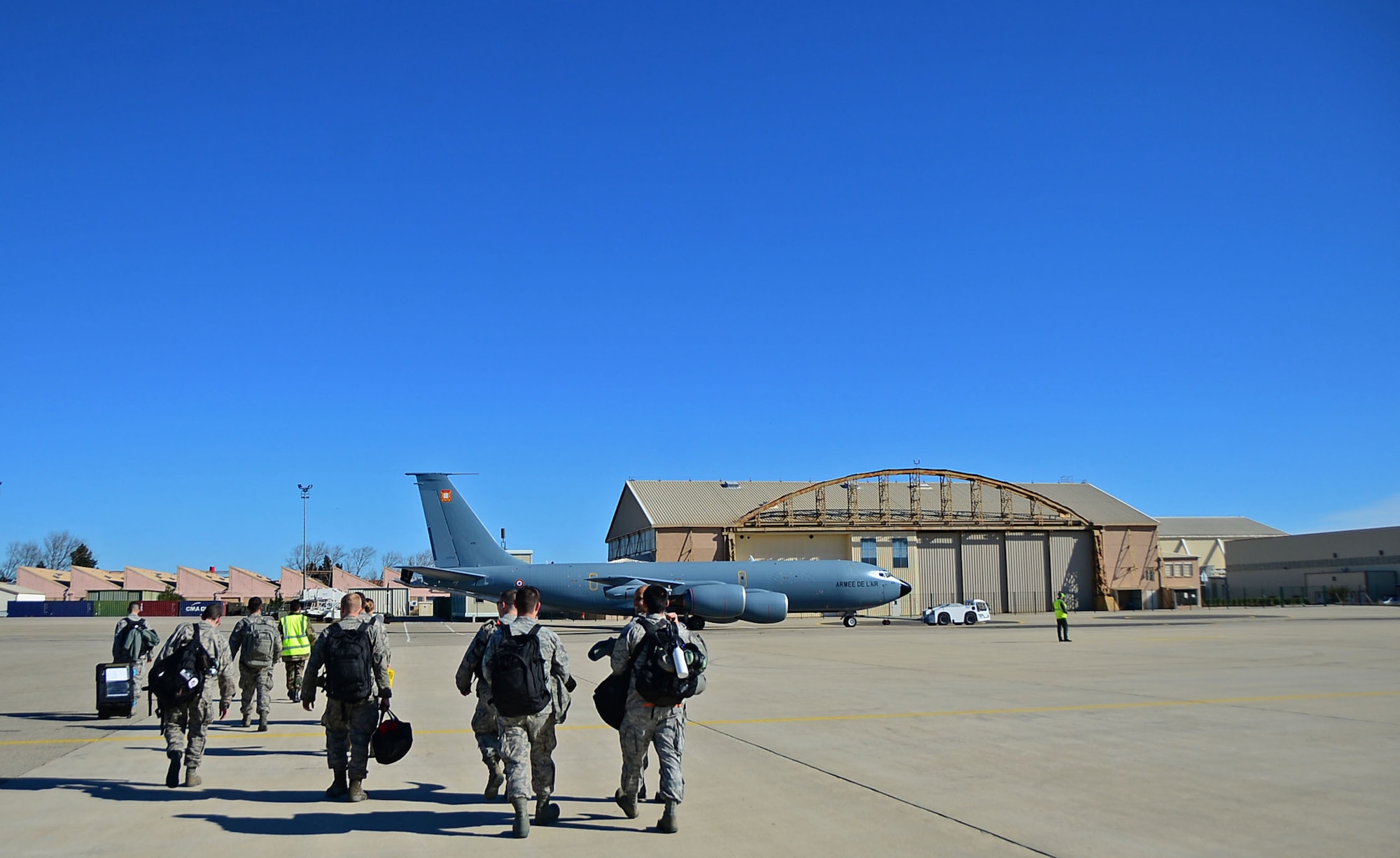 U.S. Air Force service members arrive at Istres-Le Tubé Air Base, France, in support of Operation Juniper Micron, Feb. 21, 2016. Since 2013, the U.S has been supporting the French government in OJM by providing air refueling and airlift support of French operations in Mali and North Africa. (U.S. Air Force photo by Senior Airman Erin Trower/Released)