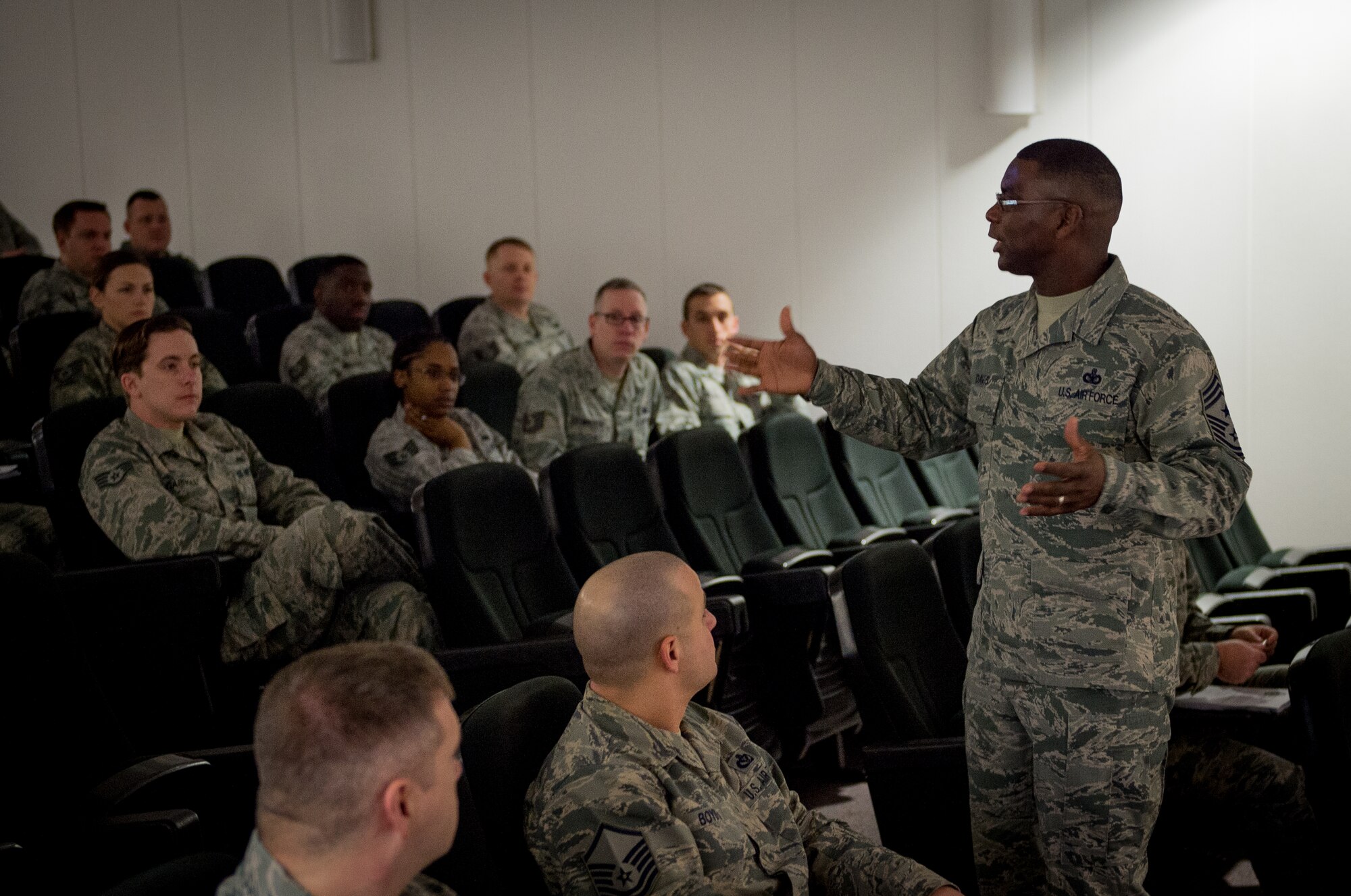 Chief Master Sgt. James E. Davis, U.S. Air Forces in Europe and Air Forces Africa command chief, speaks to Airmen in a master resilience trainer course Feb. 22, 2016 at Ramstein Air Base, Germany. Davis spoke about the importance of talking and listening to the Airmen around you when they are going through tough times. This MRT course will certify 72 Airmen across USAFE, which will bring the total number of MRTs in the command to over 200. MRT is comprised of a collection of skills and activities that are designed to help Airmen in their quest to become more resilient and to instruct them how to teach resilience skills to others. (U.S. Air Force photo/ Tech. Sgt. Ryan Crane)