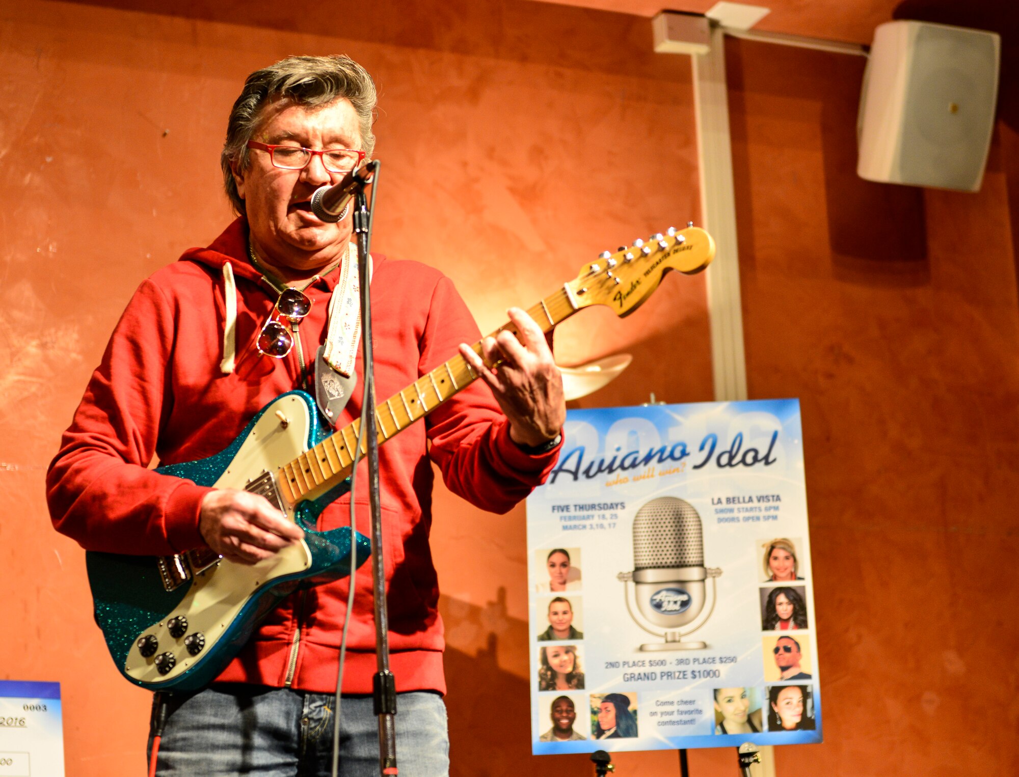 Bobby Solo, Italian vocalist, performs at the Aviano Idol competition, Feb. 18, 2016, at Aviano Air Base, Italy. In the 1960s, Solo’s record “Una Lacrima Sul Viso,” was the first Italian artist’s record to sell more than one million copies in Italy. (U.S. Air Force photo by Airman 1st Class Cory W. Bush/Released)