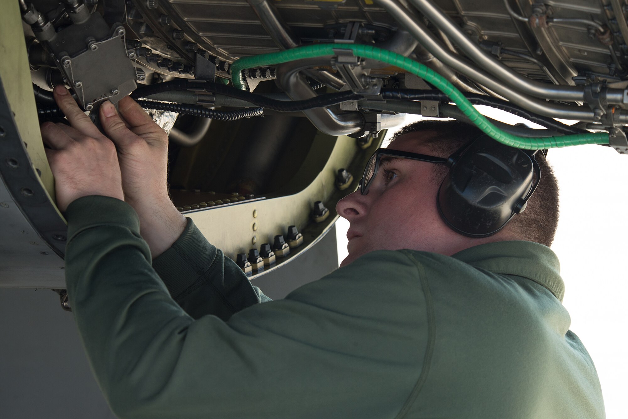 Staff Sgt. Ryan Bowles, of the 158th Fighter Wing Engine shop, performs maintenance in an F-16 Fighting Falcon engine during operation Combat Hammer at Eglin Air Force Base, Fla., Feb. 8, 2016. Combat Hammer is a Weapon System Evaluation Program that evaluates the effectiveness of precision guided munitions when employed in air-to-ground combat. (U.S. Air Force photo by Airman 1st Class Jeffrey Tatro)