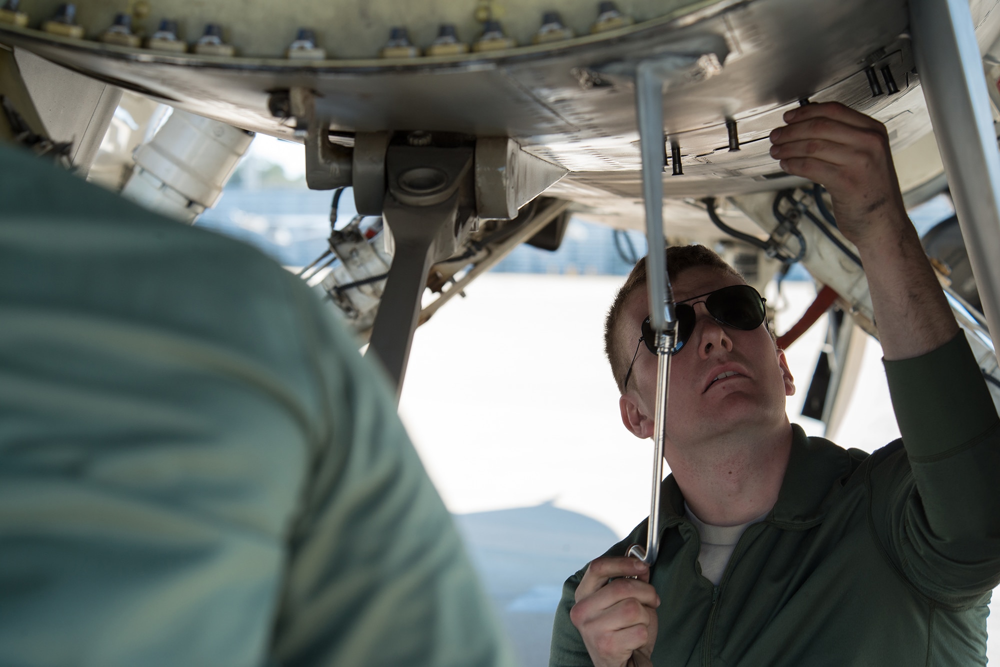 Senior Airman Alex Putnam, of the 158th Fighter Wing Engine shop, performs maintenance in an F-16 Fighting Falcon engine during operation Combat Hammer at Eglin Air Force Base, Fla., Feb. 8, 2016. Combat Hammer is a Weapon System Evaluation Program that evaluates the effectiveness of precision guided munitions when employed in air-to-ground combat. (U.S. Air Force photo by Airman 1st Class Jeffrey Tatro)