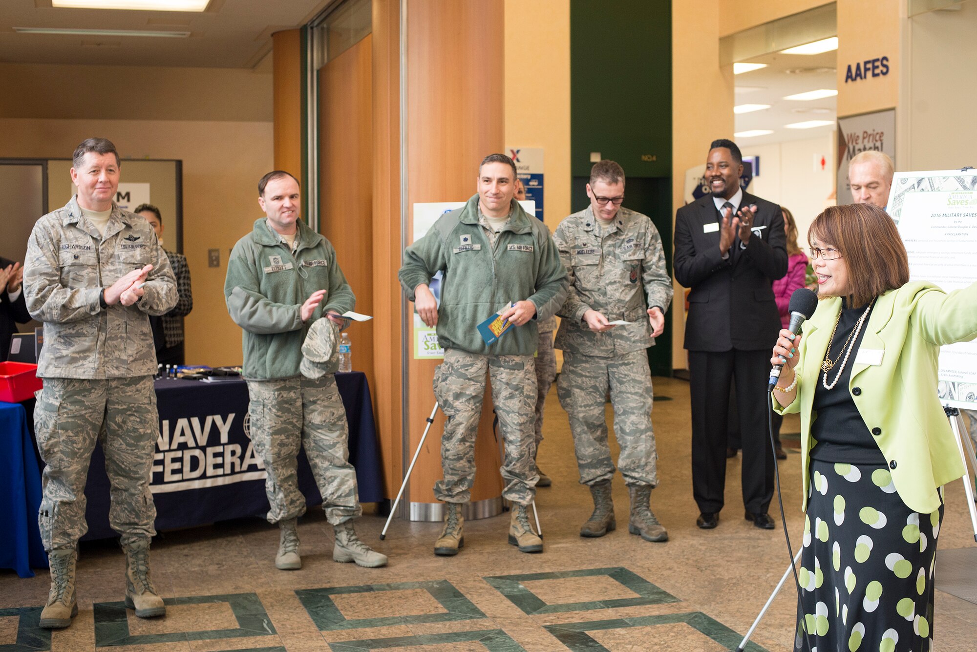 Base organizations host the Military Saves Week kickoff event at the Yokota community center at Yokota Air Base, Japan, Feb. 22, 2016. The Airman and Family Readiness Center, Military and Family Life Counseling Program, Community Bank and Navy Federal Credit Union took part in the event to encourage base personnel to save money and promote financial readiness. (U.S. Air Force photo by Senior Airman David C. Danford/Released)