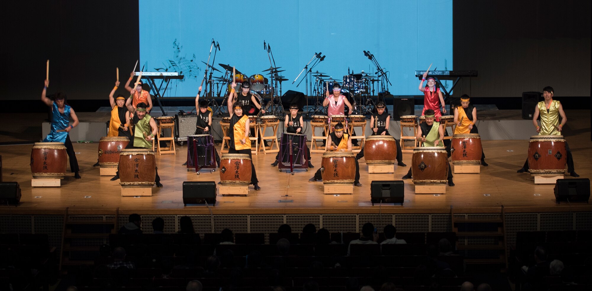 The Suwajinjya Miyazawa-daiko drum team performs during the Japan-U.S. Joint Concert at Kotori Hall in Akishima, Tokyo, Japan, Feb. 20, 2016. The concert featured different dance companies, Taiko drummers and musical performances. (U.S. Air Force photo by Staff Sgt. Michael Washburn/Released)