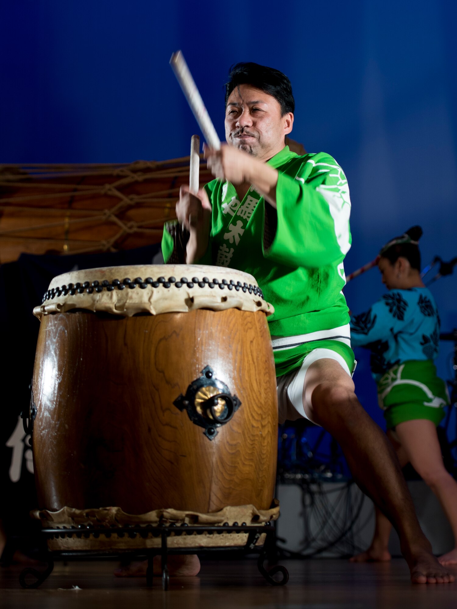 A member of the Yokota Air Base Samurai Taiko Team beats his drum during the Japan-U.S. Joint Concert at Kotori Hall in Akishima, Tokyo, Japan, Feb. 20, 2016. The concert had taiko performers from both Yokota and Japan. (U.S. Air Force photo by Staff Sgt. Michael Washburn/Released)