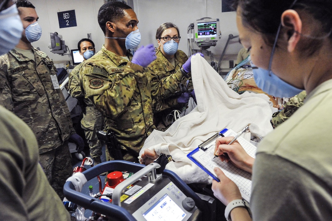 Airmen work with members of the Extracorporeal Membrane Oxygenation team to save the life of a NATO service member at the Craig Joint-Theater Hospital on Bagram Airfield, Afghanistan, Feb. 18, 2016. Air Force photo by Tech. Sgt. Nicholas Rau