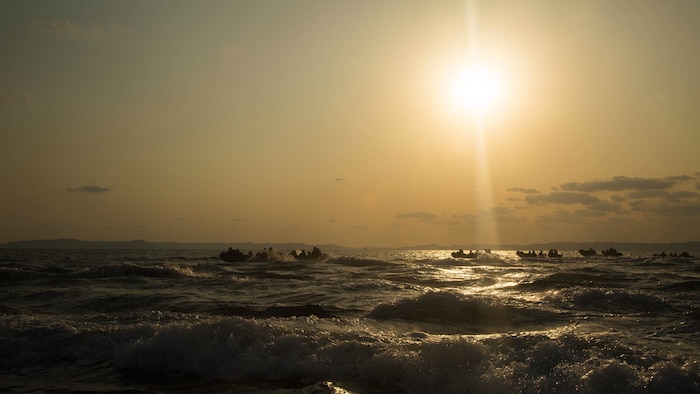 Marines with Bravo Company, Battalion Landing Team 1st Battalion, 5th Marines, 31st Marine Expeditionary Unit, head back to sea Feb. 17 , 2016, in Combat Rubber Raiding Craft after conducting a successful boat raid the night before. The Marines conducted the boat raid as part of the 31st MEU's amphibious integration training with the Navy ships of the Bonhomme Richard Amphibious Ready Group. The Marines and sailors of the 31st MEU are currently deployed to the Asia-Pacific region.