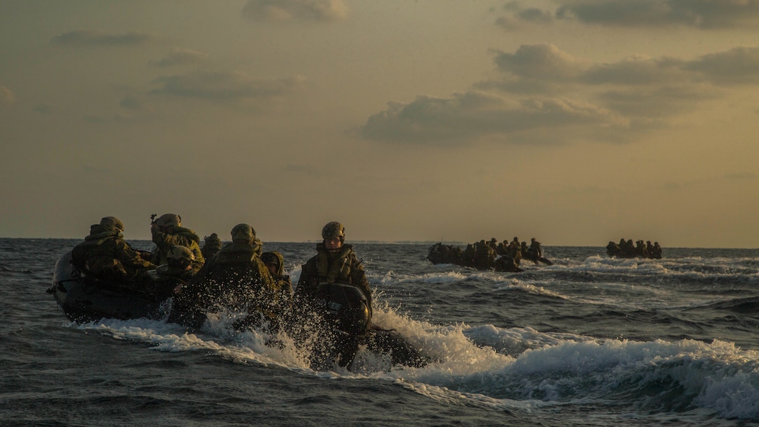 Marines with Bravo Company, Battalion Landing Team 1st Battalion, 5th Marines, 31st Marine Expeditionary Unit, head back to the USS Germantown in Combat Rubber Raiding Craft, Feb. 17, 2016, after conducting a successful boat raid the night before. The Marines conducted the boat raid as part of the 31st MEU's amphibious integration training with the Navy ships of the Bonhomme Richard Amphibious Ready Group. The Marines and sailors of the 31st MEU are currently deployed to the Asia-Pacific region. 