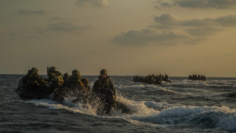 Marines with Bravo Company, Battalion Landing Team 1st Battalion, 5th Marines, 31st Marine Expeditionary Unit, head back to the USS Germantown in Combat Rubber Raiding Craft, Feb. 17, 2016, after conducting a successful boat raid the night before. The Marines conducted the boat raid as part of the 31st MEU's amphibious integration training with the Navy ships of the Bonhomme Richard Amphibious Ready Group. The Marines and sailors of the 31st MEU are currently deployed to the Asia-Pacific region. 