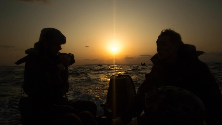 Marines with Bravo Company, Battalion Landing Team 1st Battalion, 5th Marines, 31st Marine Expeditionary Unit, head back to the USS Germantown (LSD 42) in Combat Rubber Raiding Craft, Feb. 17 , 2016, after conducting a successful boat raid the night before. The Marines conducted the boat raid as part of the 31st MEU's amphibious integration training with the Navy ships of the Bonhomme Richard Amphibious Ready Group. The Marines and sailors of the 31st MEU are currently deployed to the Asia-Pacific region. 