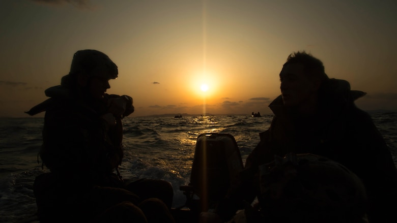 Marines with Bravo Company, Battalion Landing Team 1st Battalion, 5th Marines, 31st Marine Expeditionary Unit, head back to the USS Germantown (LSD 42) in Combat Rubber Raiding Craft, Feb. 17 , 2016, after conducting a successful boat raid the night before. The Marines conducted the boat raid as part of the 31st MEU's amphibious integration training with the Navy ships of the Bonhomme Richard Amphibious Ready Group. The Marines and sailors of the 31st MEU are currently deployed to the Asia-Pacific region. 