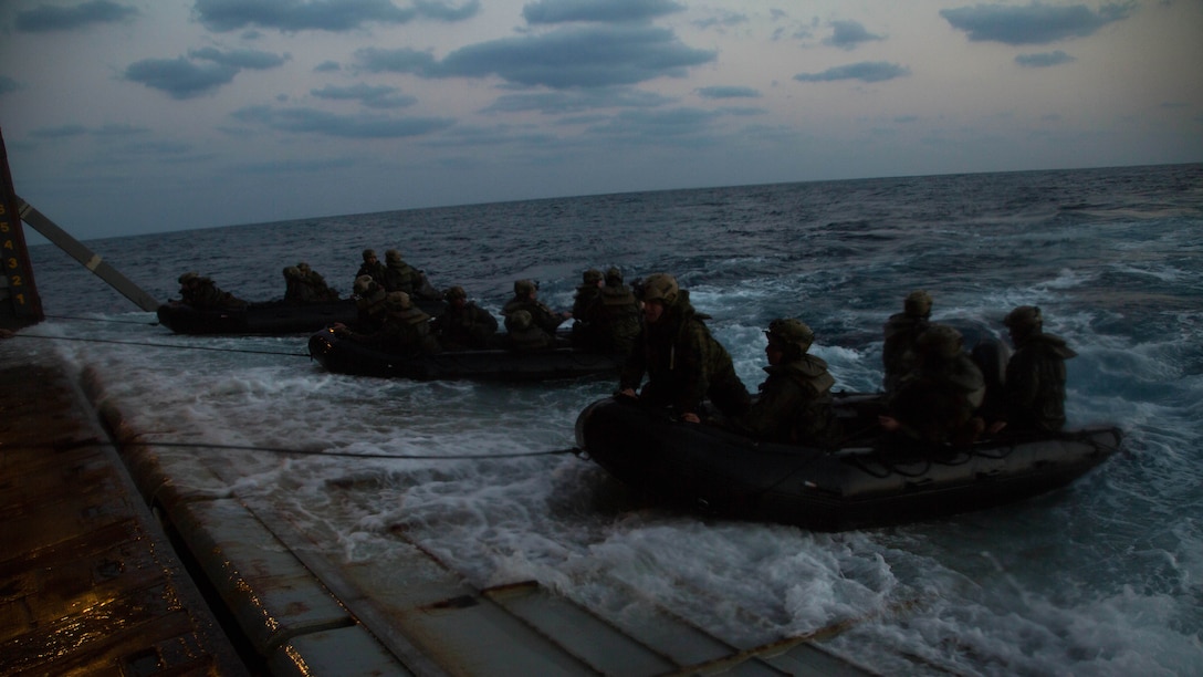 Marines with Bravo Company, Battalion Landing Team 1st Battalion, 5th Marines, 31st Marine Expeditionary Unit, drive Combat Rubber Raiding Craft into the well deck of the USS Germantown, Feb. 17 , 2016, after conducting a successful boat raid the night before. The Marines conducted the boat raid as part of the 31st MEU's amphibious integration training with the Navy ships of the Bonhomme Richard Amphibious Ready Group. The Marines and sailors of the 31st MEU are currently deployed to the Asia-Pacific region. 