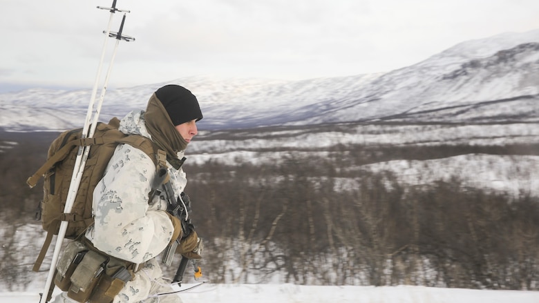 Cpl. Kevin Cabana, an antitank missileman with Black Sea Rotational Force, conducts a routine patrol during the final exercise of cold-weather training aboard Porsangmoen, Norway, Feb. 16-20, 2016. The Arctic training was conducted by U.K. Royal Marine Commando Mountain Leaders and hosted by the Norwegian military to improve the U.S. Marine Corps’ capability to support their NATO Allies in extreme environments. 
