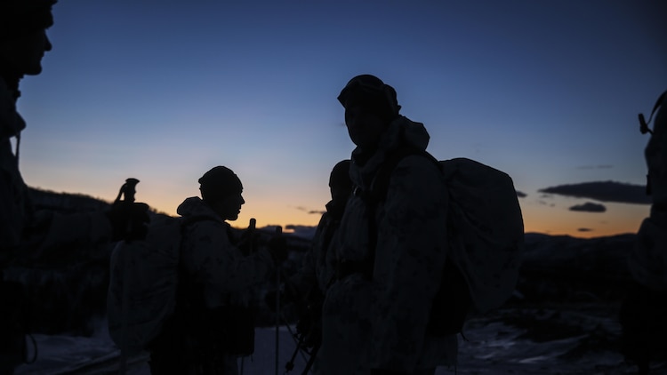 Marines with Black Sea Rotational Force prepare to march back to their primary location after completing the final assault during final exercise of cold-weather training aboard Porsangmoen, Norway, Feb. 16-20, 2016. Arctic training was conducted by U.K. Royal Marine Commando Mountain Leaders and hosted by the Norwegian military to improve the U.S. Marine Corps’ capability to support their NATO Allies in extreme environments. 