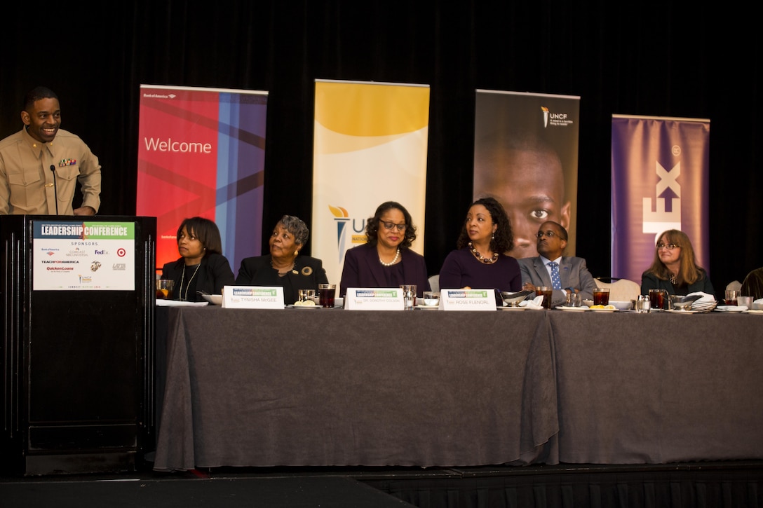 Maj. Frank L. Moore (left), operations officer with Marine Forces Reserve, speaks at the United Negro College Fund National Alumni and National Pre-Alumni Council Leadership Conference at the Hyatt Regency hotel in New Orleans, Feb. 19, 2016. The conference also took place in conjunction with a Career Readiness Day function. The CRD provides college students with sessions, workshops and job offers with select organizations including the Marine Corps. 