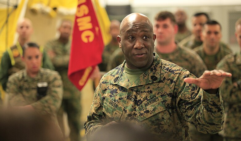 Sgt. Maj. Ronald L. Green, the 18th Sergeant Major of the Marine Corps, speaks to Chemical Biological Incident Response Force (CBIRF) personnel during a formation in the battalion assembly room at CBIRF Headquarters, Naval Support Facility Indian Head, Feb. 18, 2016.
Green visited the Marines, sailors and civilians with CBIRF at Naval Support Facility Indian Head and Raymond M. Downey Responder Training Facility.
During Green’s visit, he received a CBIRF brief given by the CBIRF Commanding Officer, Col. Stephen E. Redifer, viewed a static display of an Initial Response Force set-up, talked to CBIRF personnel, toured the Downey Responder Training Facility and had lunch with CBIRF staff noncommissioned officers. 
When directed, CBIRF forward-deploys and/or responds with minimal warning to a chemical, biological, radiological, nuclear or high-yield explosive (CBRNE) threat or event in order to assist local, state, or federal agencies and the geographic combatant commanders in the conduct of CBRNE response or consequence management operations, providing capabilities for command and control; agent detection and identification; search, rescue, and decontamination; and emergency medical care for contaminated personnel. (Official USMC Photo by Sgt. Santiago G. Colon Jr./RELEASED)
