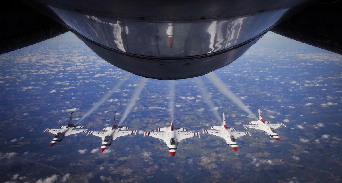 The U.S. Air Force Air Demonstration Squadron “Thunderbirds” fly the Delta formation over Louisiana Feb. 19, 2016. The Thunderbirds were refueled twice by a KC-135 Stratotanker from MacDill Air Force Base, Fla., once over New Mexico and a second time over Louisiana on their way to Daytona Beach, Fla., for their Daytona 500 flyover. (U.S. Air Force photo by Senior Airman Ned T. Johnston)
