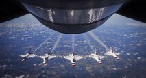 The U.S. Air Force Air Demonstration Squadron “Thunderbirds” fly the Delta formation over Louisiana Feb. 19, 2016. The Thunderbirds were refueled twice by a KC-135 Stratotanker from MacDill Air Force Base, Fla., once over New Mexico and a second time over Louisiana on their way to Daytona Beach, Fla., for their Daytona 500 flyover. (U.S. Air Force photo by Senior Airman Ned T. Johnston)