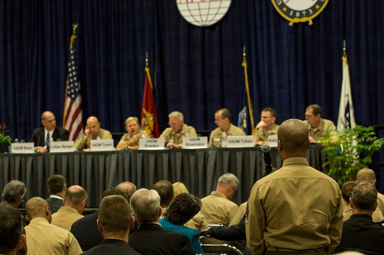 Sgt. Dion Edon asks Lt. Gen. David H. Berger a question about current efforts to improve military information support operations during the WEST 2016 Conference at the San Diego Convention Center, Feb. 17, 2016. The purpose of the conference was for service members to come together and discuss strategic military concepts and training, as well as meet with companies that can assist in making their concepts a reality. Edon is a military information support operations noncommissioned officer with Marine Corps Information Operations Center. Berger is the commanding general of I Marine Expeditionary Force.  (U.S. Marine Corps photo by Sgt. Emmanuel Ramos/Released)