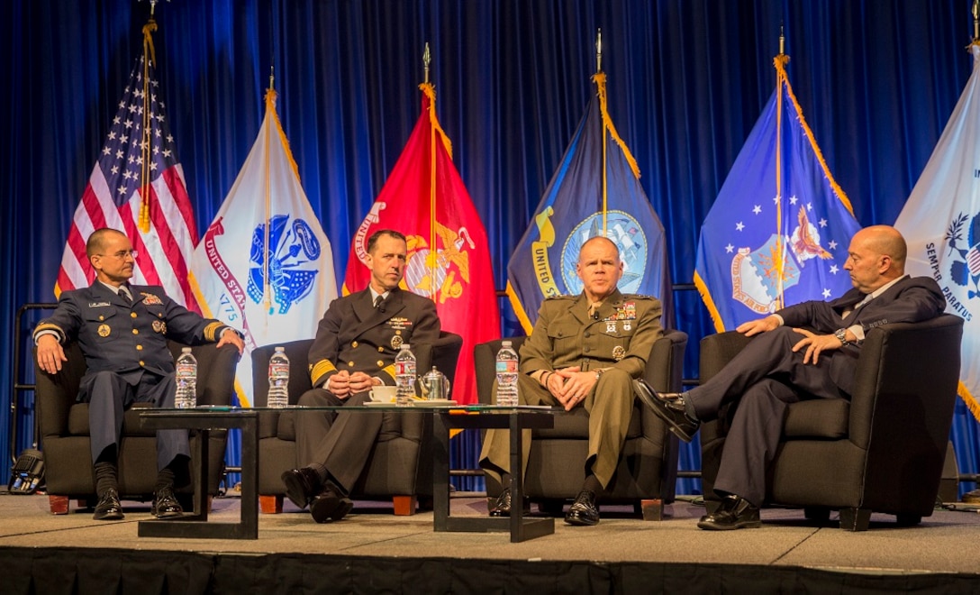 Commandant of the Marine Corps Gen. Robert B. Neller, speaks on the Marine Corps’ current operational tempo, while Vice Commandant of the Coast Guard Vice Adm. Charles D. Michel, left center, Chief of Naval Operations Adm. John M. Richardson, left, and retired Adm. James Stavridis, right, listen during the WEST 2016 Conference at the San Diego Convention Center, Feb. 19, 2016. The purpose of the conference was for service members to come together and discuss strategic military concepts and training, as well as meet with companies that can assist in making their concepts a reality.  (U.S. Marine Corps photo by Sgt. Emmanuel Ramos/Released)