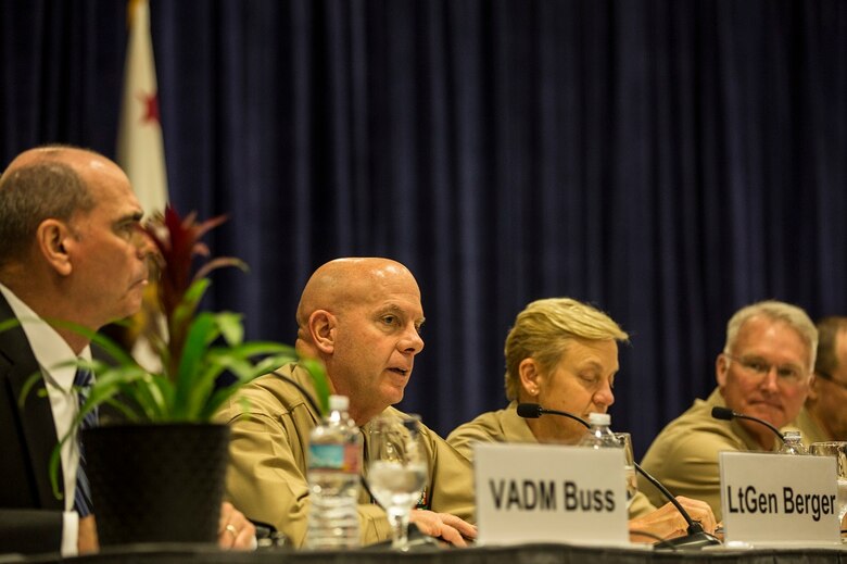 Lt. Gen. David H. Berger discusses command and control and distributed operations during the WEST 2016 Conference at the San Diego Convention Center, Feb. 17, 2016. The purpose of the conference was for service members to come together and discuss strategic military concepts and training, as well as meet with companies that can assist in making their concepts a reality. Berger is the commanding general of I Marine Expeditionary Force.  (U.S. Marine Corps photo by Sgt. Emmanuel Ramos/Released)