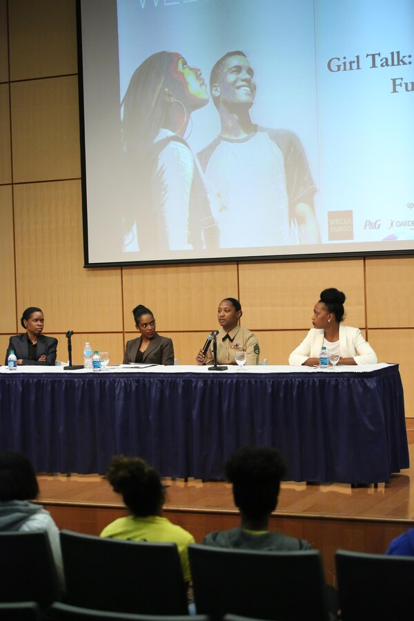 Staff Sgt. Wyanika Christophe (second from right), a career planner with Marine Forces Reserve, addresses an audience of high school girls during the United Negro College Fund’s “Empower Me” Tour, Feb. 20, 2016, at Dillard University in New Orleans, La. The panel answered audience questions about leadership, personal development, positive role models and personal experiences in educational and professional environments. The UNCF-sponsored annual tour takes place at UNCF member campuses and provides high school students and their parents with information about college preparation, successful student strategies and financial aid. 