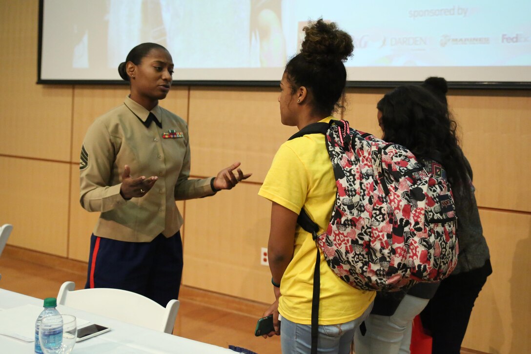 Staff Sgt. Wyanika Christophe, a career planner with Marine Forces Reserve, speaks to high school girls during the United Negro College Fund’s “Empower Me” Tour, Feb. 20, 2016, at Dillard University in New Orleans, La. Marines and business professionals answered students’ questions about leadership, personal development, positive role models and personal experiences in educational and professional environments. The UNCF-sponsored annual tour takes place at UNCF member campuses and provides high school students and their parents with information about college preparation, successful student strategies and financial aid. 