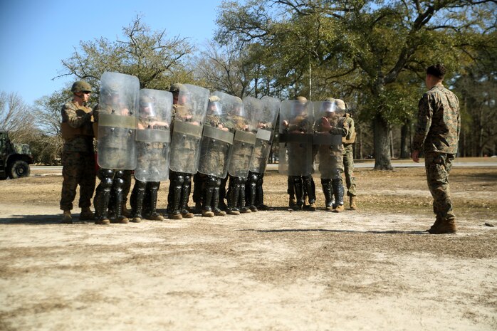 Marines with Combat Logistics Battalion 2 practice formations during non-lethal riot control training at Camp Lejeune, N.C., Feb. 18, 2016. The training is in preparation for the unit’s upcoming Special Purpose Marine Air-Ground Task Force-Crisis Response-Africa deployment later this year. (U.S. Marine Corps photo by Cpl. Joey Mendez)