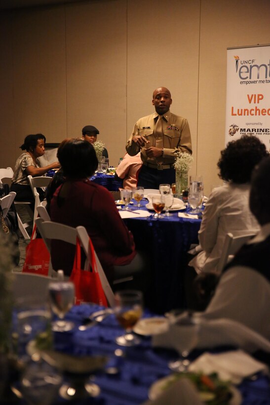 Maj. Paul Smith, a recruiting support officer with 6th Marine Corps District, Marine Corps Recruiting Command, speaks to parents and educators about different resources and opportunities offered by the Marine Corps to high school and college students during the United Negro College Fund’s “Empower Me” Tour, Feb. 20, 2016, at Dillard University in New Orleans, La. The UNCF-sponsored annual tour takes place at UNCF member campuses and provides high school students and their parents with information about college preparation, successful student strategies and financial aid. 