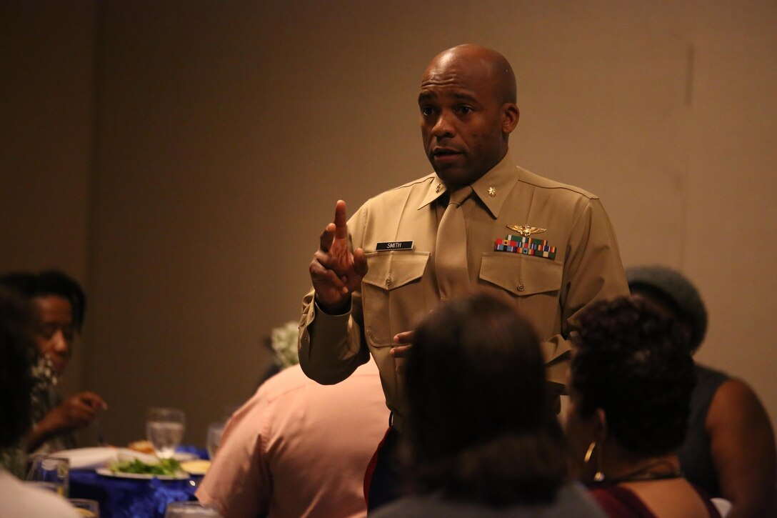 Maj. Paul Smith, a recruiting support officer with 6th Marine Corps District, Marine Corps Recruiting Command, speaks to parents and educators about different resources and opportunities offered by the Marine Corps to high school and college students during the United Negro College Fund’s “Empower Me” Tour, Feb. 20, 2016, at Dillard University in New Orleans, La. The UNCF-sponsored annual tour takes place at UNCF member campuses and provides high school students and their parents with information about college preparation, successful student strategies and financial aid. 