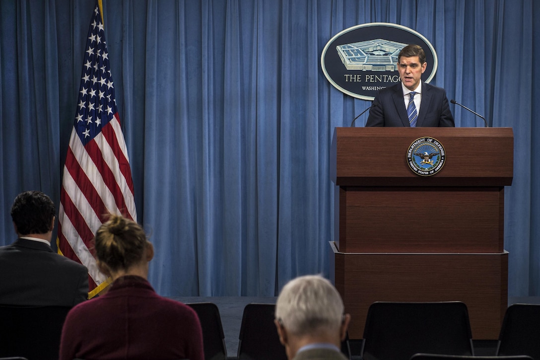 Pentagon Press Secretary Peter Cook takes questions from reporters during a briefing at the Pentagon, Feb. 23, 2016. Cook addressed the Defense Department's plan to close the detention facility at Naval Station Guantanamo Bay, Cuba. DoD photo by Navy Petty Officer 1st Class Tim D. Godbee