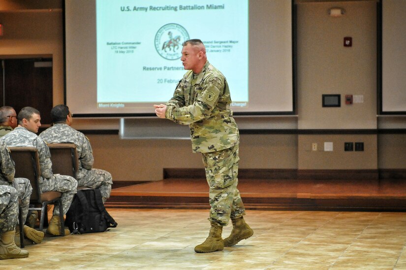 United States Army Recruiting Command Deputy Commander Brig. Gen. Troy D. Kok talks about the importance of using Army Reserve Soldiers to help recruiting efforts during the Miami Recruiting Battalion’s Recruiting Reserve Partnership Council at Fort Buchanan, Puerto Rico, Feb. 20.