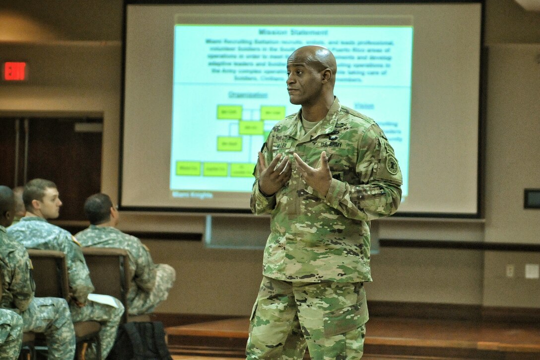 Lt. Col. Harold E. Miller, Miami Recruiting Battalion, battalion commander, is pictured during the Miami Recruiting Battalion’s Recruiting Reserve Partnership Council at Fort Buchanan, Puerto Rico, Feb. 20.