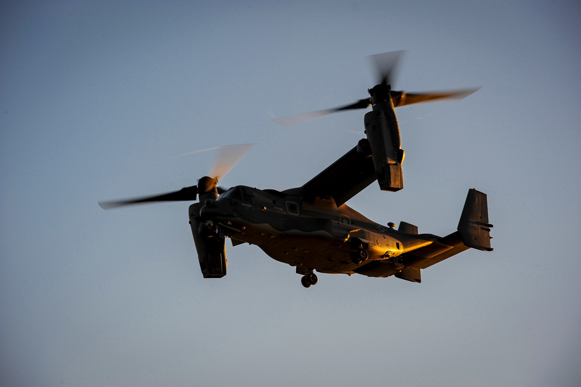 A CV-22B Osprey flies over during a demonstration at Hurlburt Field, Fla., Feb. 18, 2016. The demonstration showcased Air Force Special Operations Command capabilities for the John L. Hennessy Award evaluators as Hurlburt Field was named top nominee for the award. The Hennessy Award recognizes the best food service programs in the Air Force, as well as individual excellence. (U.S. Air Force photo by Senior Airman Meagan Schutter)