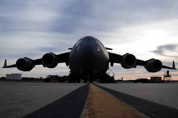 A C-17 Globemaster III is prepared for departure during training exercise Patriot Sands Feb. 17, 2016, at Hunter Army Airfield, Ga. (U.S. Air Force Photo/Senior Airman Jonathan Lane)