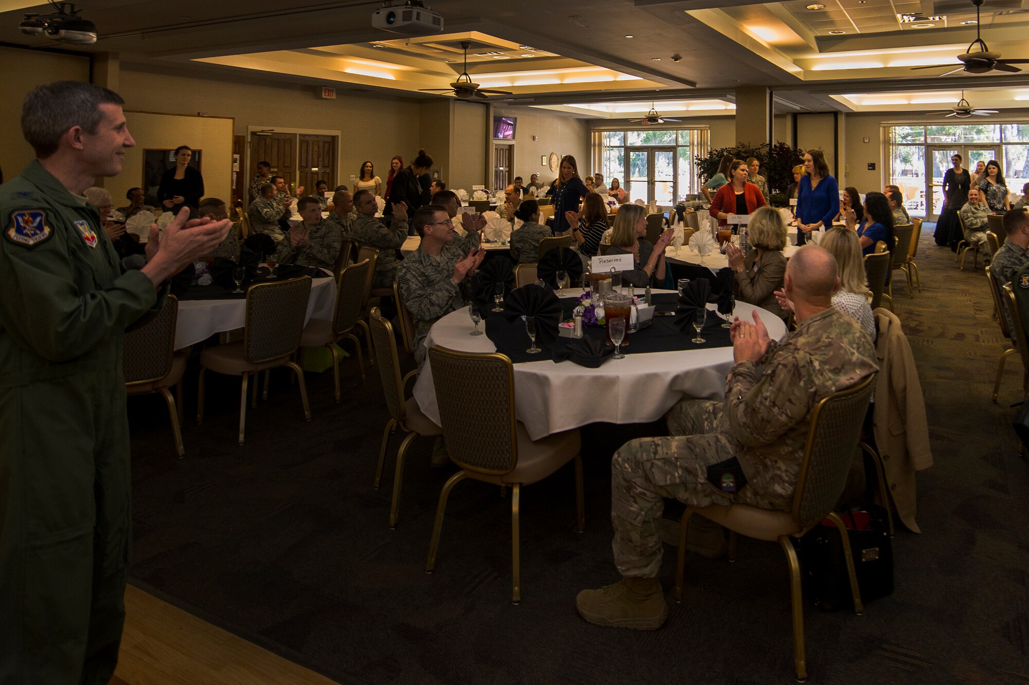 U.S. Air Force Col. Thomas Kunkel, 23d Wing commander, thanks the Key Spouses for their participation and hard work, Feb. 18, 2016, at Moody Air Force Base, Ga. Key Spouses assist families in finding and utilizing the available base and community resources. (U.S. Air Force photo by Airman Daniel Snider/Released)