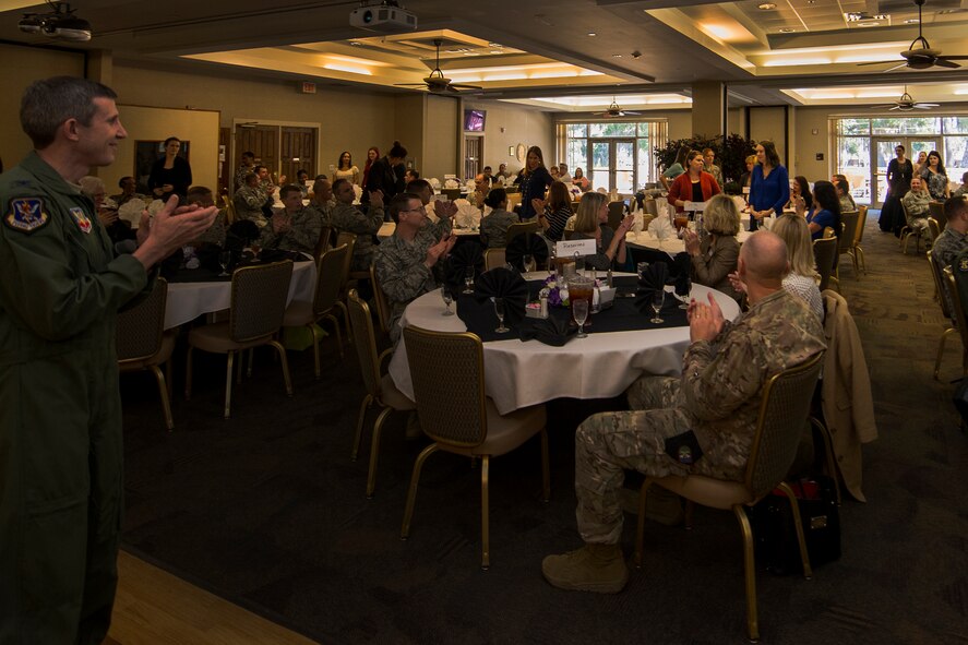 U.S. Air Force Col. Thomas Kunkel, 23d Wing commander, thanks the Key Spouses for their participation and hard work, Feb. 18, 2016, at Moody Air Force Base, Ga. Key Spouses assist families in finding and utilizing the available base and community resources. (U.S. Air Force photo by Airman Daniel Snider/Released)