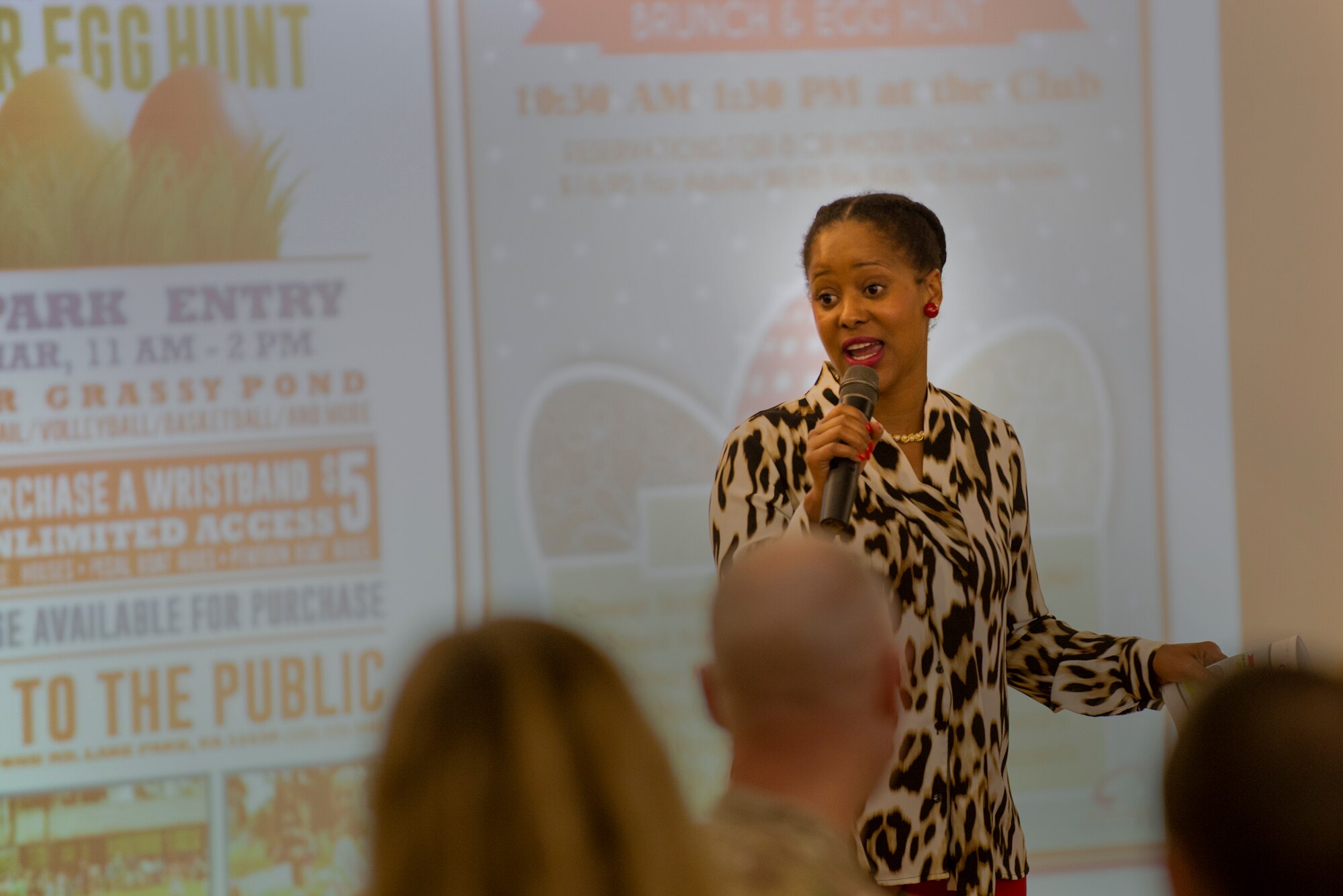 Adrienne Wilkerson, 23d Force Support Squadron marketing director, addresses attendees during the Key Spouses’ luncheon, Feb. 18, 2016, at Moody Air Force Base, Ga. Key Spouses provide support to the families of military members during their time of need. (U.S. Air Force photo by Airman Daniel Snider/Released)