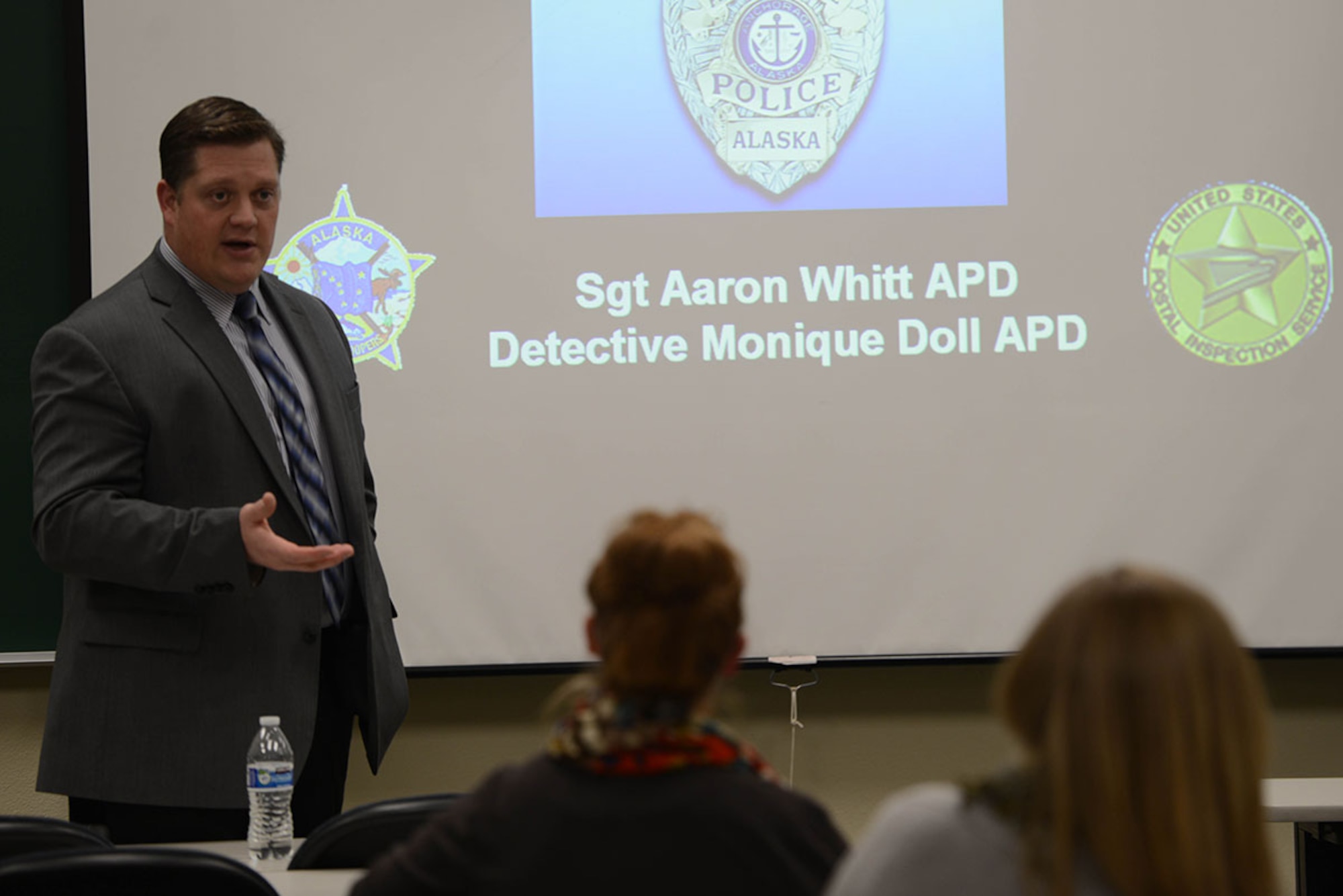 Alaska Police Department Sgt. Aaron Whitt speaks about cyberbullying during an internet safety class for teens and parents at the Joint Base Elmendorf-Richardson Education Center, Feb. 19. There was a separate presentation for teens, which allowed them to have a safe environment to hear similar information and to ask questions that they may not have felt comfortable asking in front of their parents. Whitt is part of the APD’s Alaska Internet Crimes Against Children Taskforce. (U.S Air Force photo by Airman 1st Class Javier Alvarez)