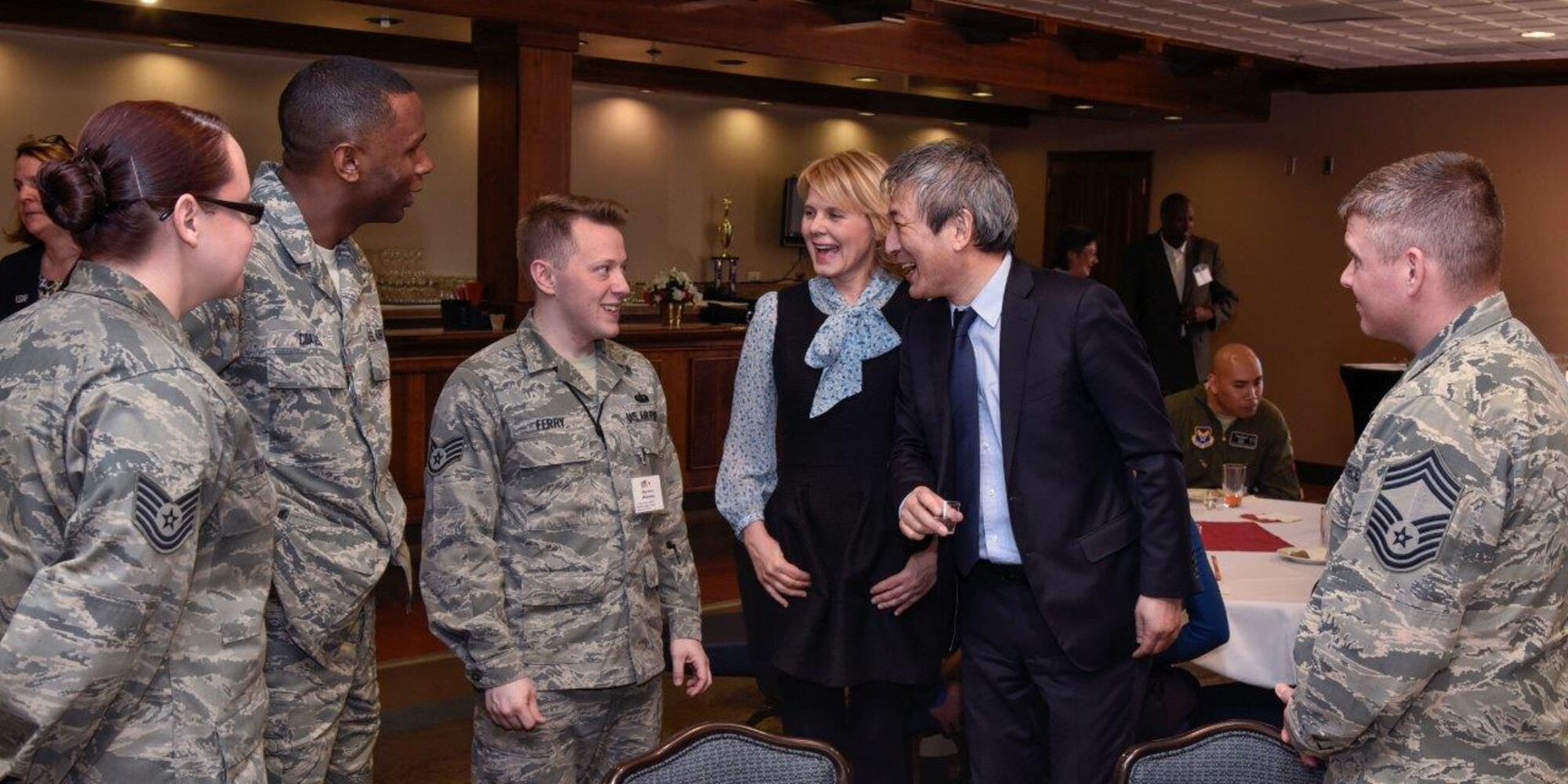 PETERSON AIR FORCE BASE, Colo. –The Consul General of Japan in Denver, Makoto Ito, and his wife Grace speak with Peterson service members Feb. 17, 2016 at the Peterson Club. Peterson, in coordination with the Consul General of Japan in Denver, hosted a special event honoring service members and their families, both active and former, who once served in Japan. This event served as a reminder of the strong partnership we share with our allies in Japan, both overseas and stateside. (U.S. Air Force photo by Craig Denton)