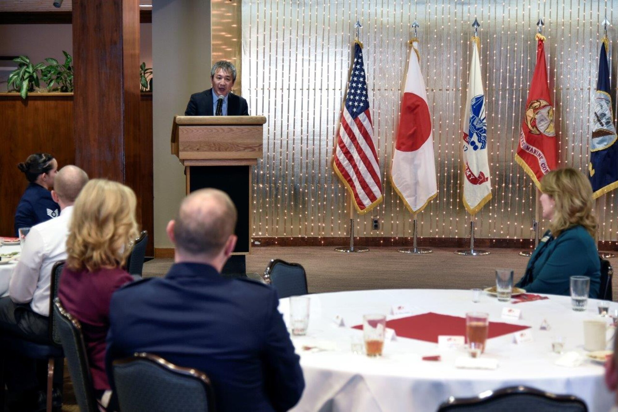 PETERSON AIR FORCE BASE, Colo. – The Consul General of Japan in Denver, Makoto Ito, addresses attendees during special event at the Peterson Club on Feb. 17, 2016. Peterson, in coordination with the Consul General of Japan in Denver, hosted the event, which honored service members and their families, both active and former, who once served in Japan. This event served as a reminder of the strong partnership we share with our allies in Japan, both overseas and stateside. (U.S. Air Force photo by Craig Denton)