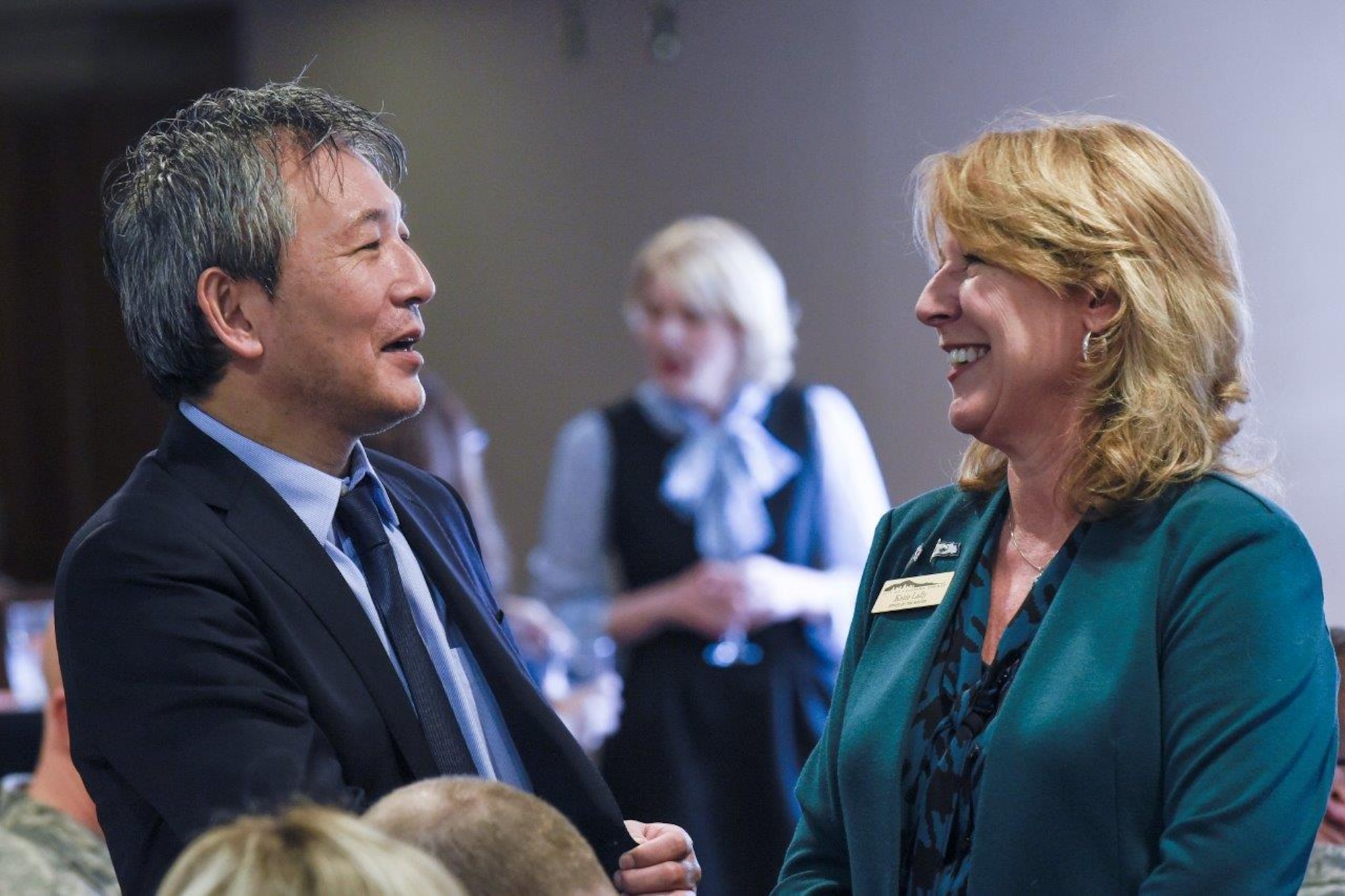 PETERSON AIR FORCE BASE, Colo. –Consul General of Japan in Denver, Makoto Ito, speaks with Katie Lally, from the Colorado Springs Mayor’s office during an event at the Peterson Club on Feb. 17, 2016. Peterson, in coordination with the Consul General of Japan in Denver, hosted a special event honoring service members and their families, both active and former, who once served in Japan. This event served as a reminder of the strong partnership we share with our allies in Japan, both overseas and stateside. (U.S. Air Force photo by Craig Denton)